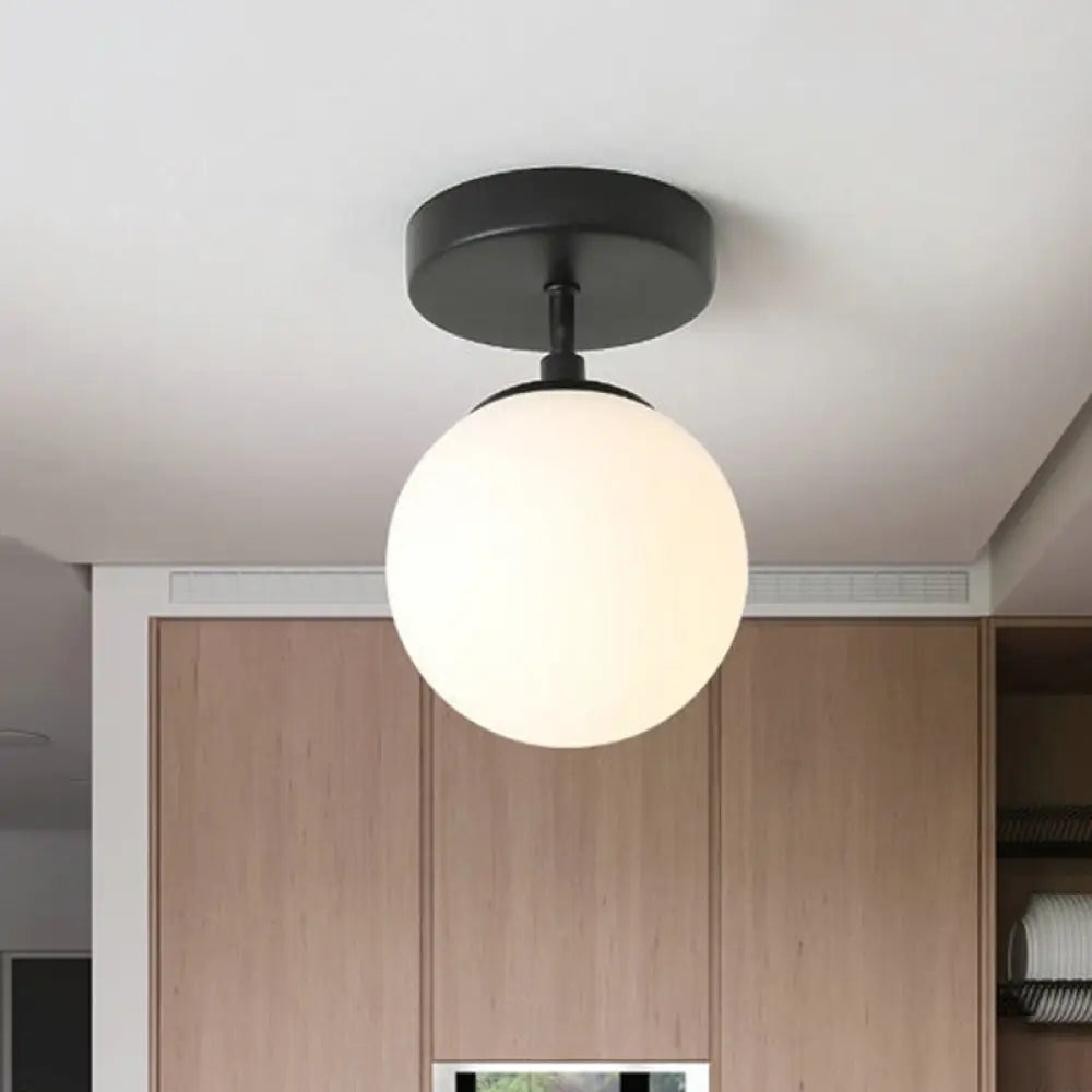 Simple Black Semi Flush Mount Ceiling Light With Milk Glass Shade - Ideal For Corridors And Hallways