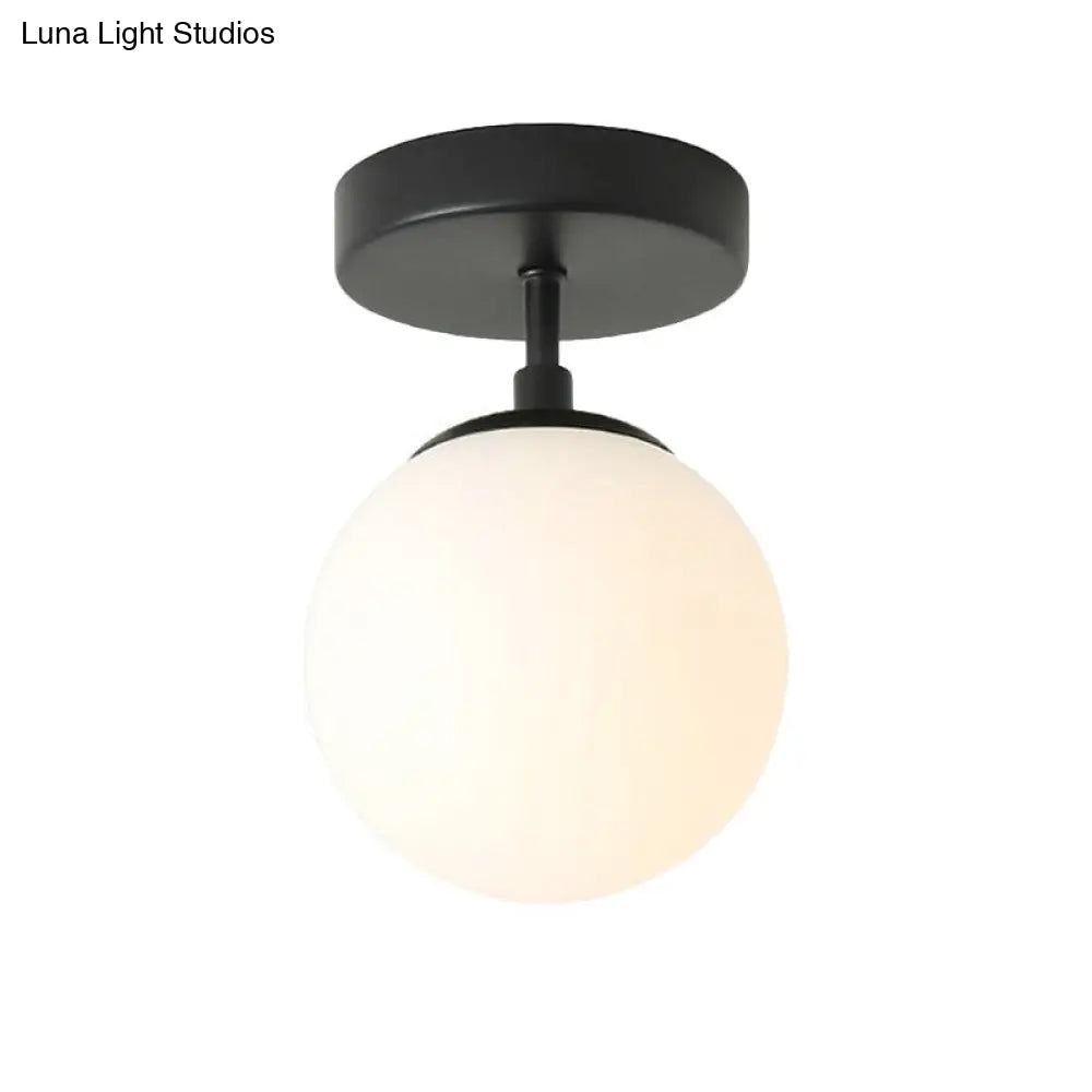 Simple Black Semi Flush Mount Ceiling Light With Milk Glass Shade - Ideal For Corridors And Hallways