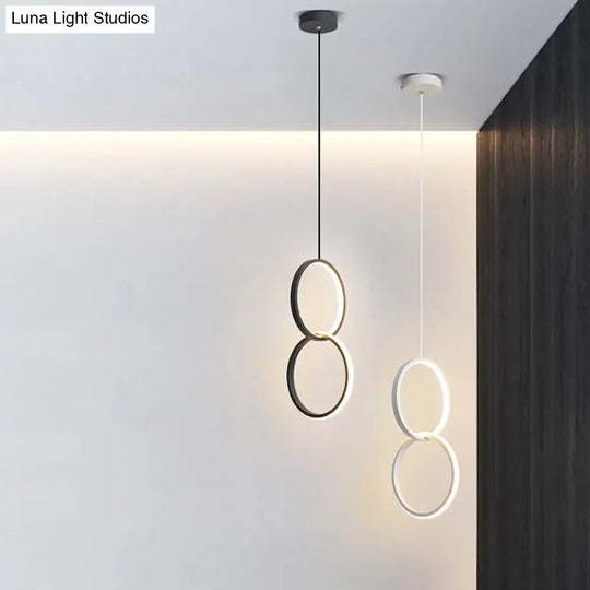 Simplistic Bedside Led Pendulum Light In Black/White With Acrylic Ring/Interlocked Ring Shade