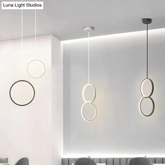 Simplistic Bedside Led Pendulum Light In Black/White With Acrylic Ring/Interlocked Ring Shade