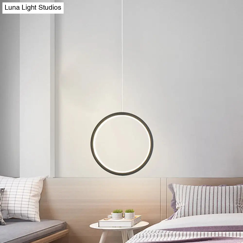 Simplistic Bedside Led Pendulum Light In Black/White With Acrylic Ring/Interlocked Ring Shade