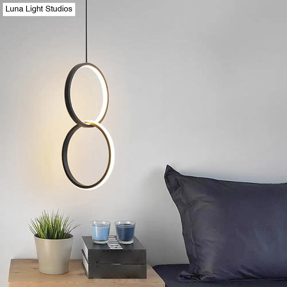 Simplistic Bedside Led Pendulum Light In Black/White With Acrylic Ring/Interlocked Ring Shade