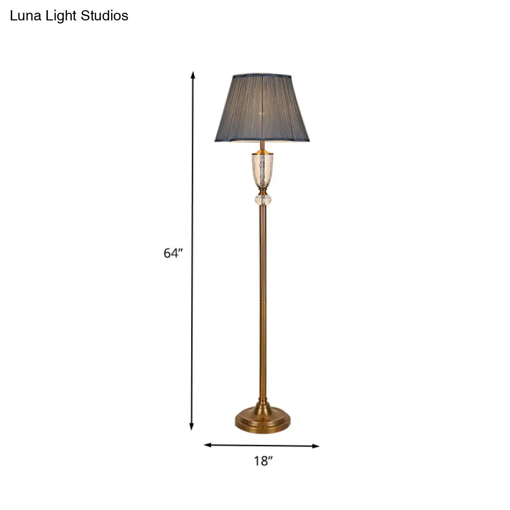 Simple Blue Fabric Barrel Floor Lamp With Crystal Deco - Perfect Stand Up Light For Living Room