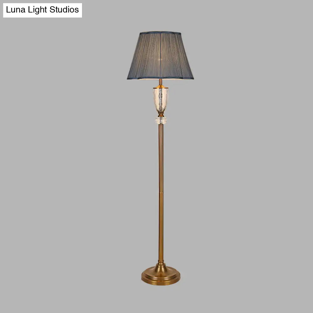 Simple Blue Fabric Barrel Floor Lamp With Crystal Deco - Perfect Stand Up Light For Living Room