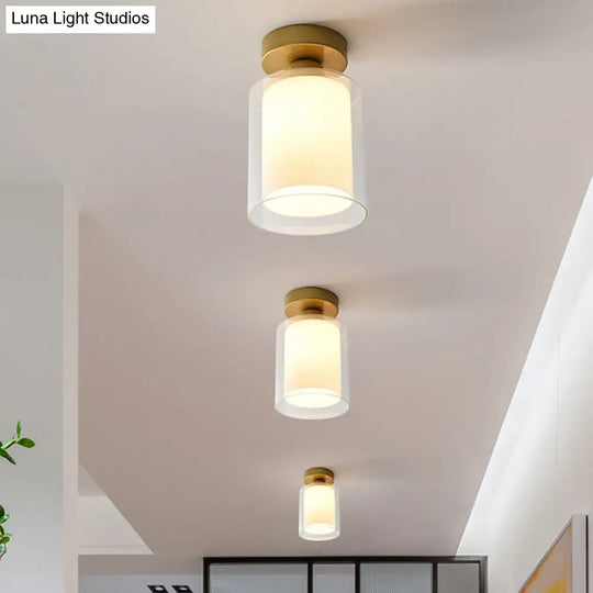 Simple Brass Cylinder Glass Flushmount Ceiling Light - Clear/White 1 Bulb Corridor Fixture