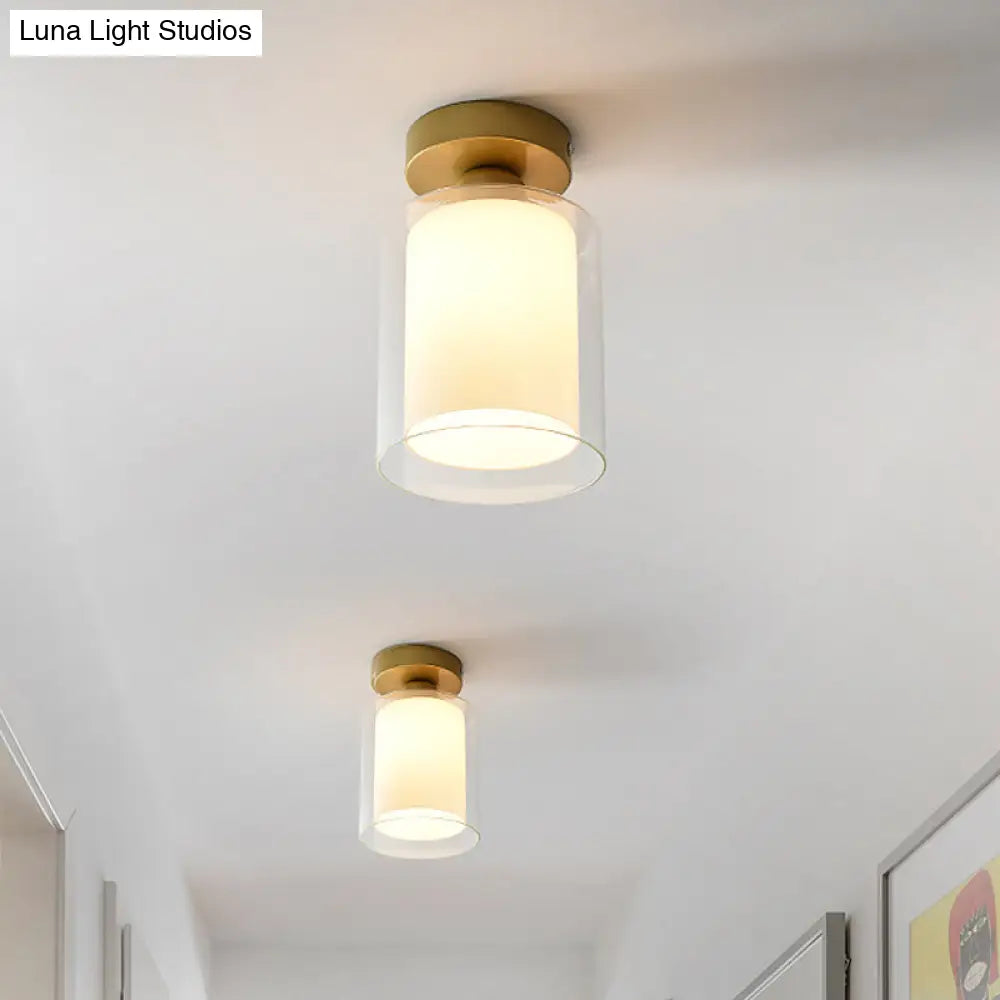 Simple Brass Cylinder Glass Flushmount Ceiling Light - Clear/White 1 Bulb Corridor Fixture