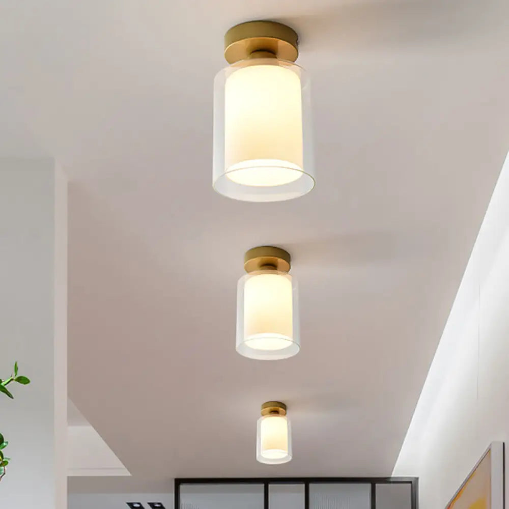 Simple Brass Cylinder Glass Flushmount Ceiling Light - Clear/White 1 Bulb Corridor Fixture