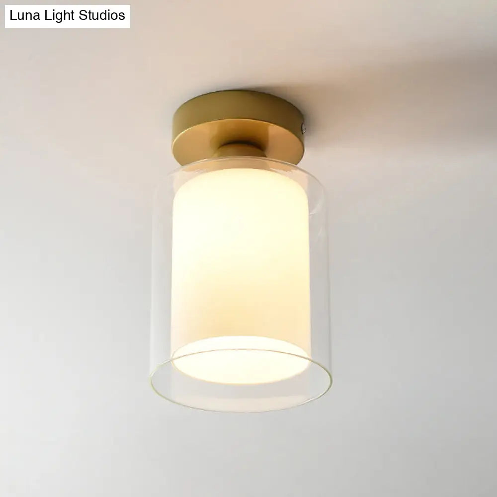 Simple Brass Cylinder Glass Flushmount Ceiling Light - Clear/White 1 Bulb Corridor Fixture