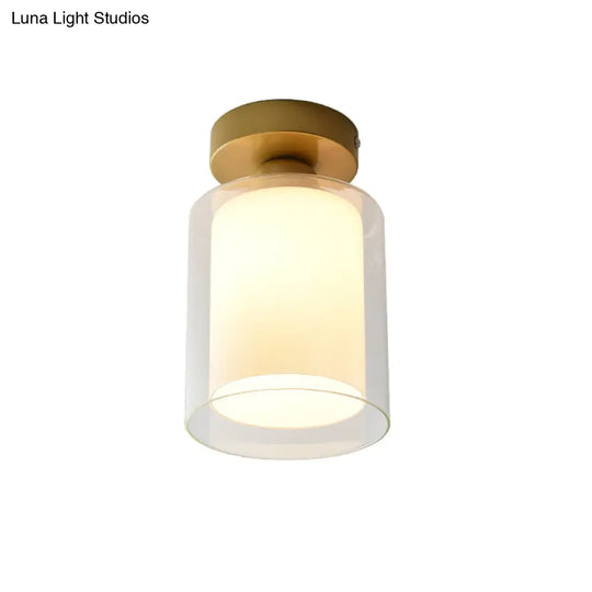 Simple Brass Cylinder Glass Flushmount Ceiling Light - Clear/White 1 Bulb Corridor Fixture