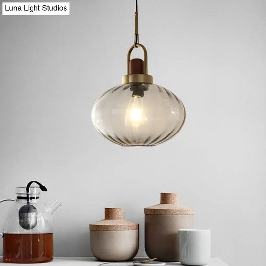 Simple Brown And Gold Bedroom Pendant Lamp With Smoke Gray Glass Shade