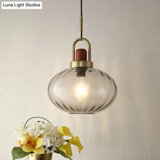 Simple Brown And Gold Bedroom Pendant Lamp With Smoke Gray Glass Shade