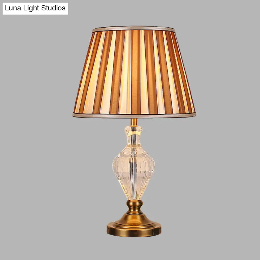 Simple Brown Crystal Nightstand Lamp With Conical Fabric Shade - Ideal For Bedroom Lighting