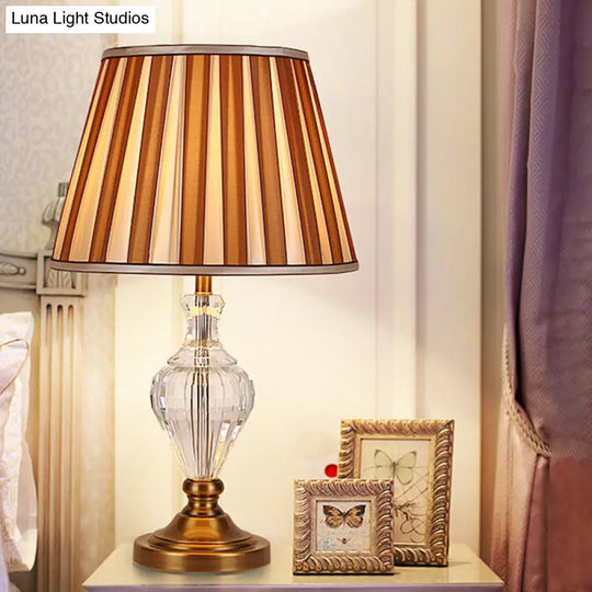 Simple Brown Crystal Nightstand Lamp With Conical Fabric Shade - Ideal For Bedroom Lighting