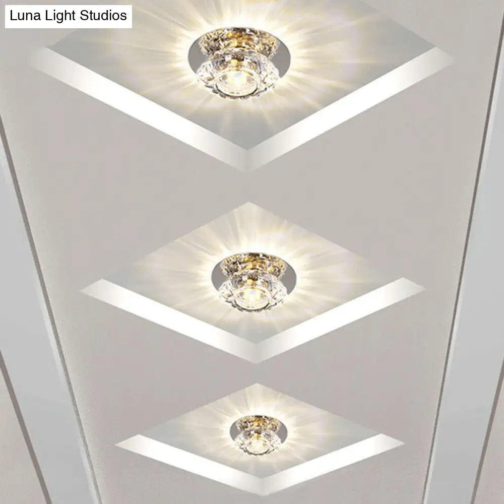 Simple Clear Crystal Entryway Led Flush Light Fixture - Round Mini Ceiling Mount