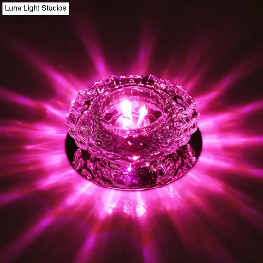 Simple Clear Crystal Entryway Led Flush Light Fixture - Round Mini Ceiling Mount / Pink