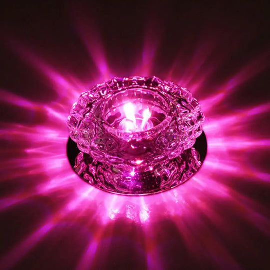 Simple Clear Crystal Entryway Led Flush Light Fixture - Round Mini Ceiling Mount / Pink