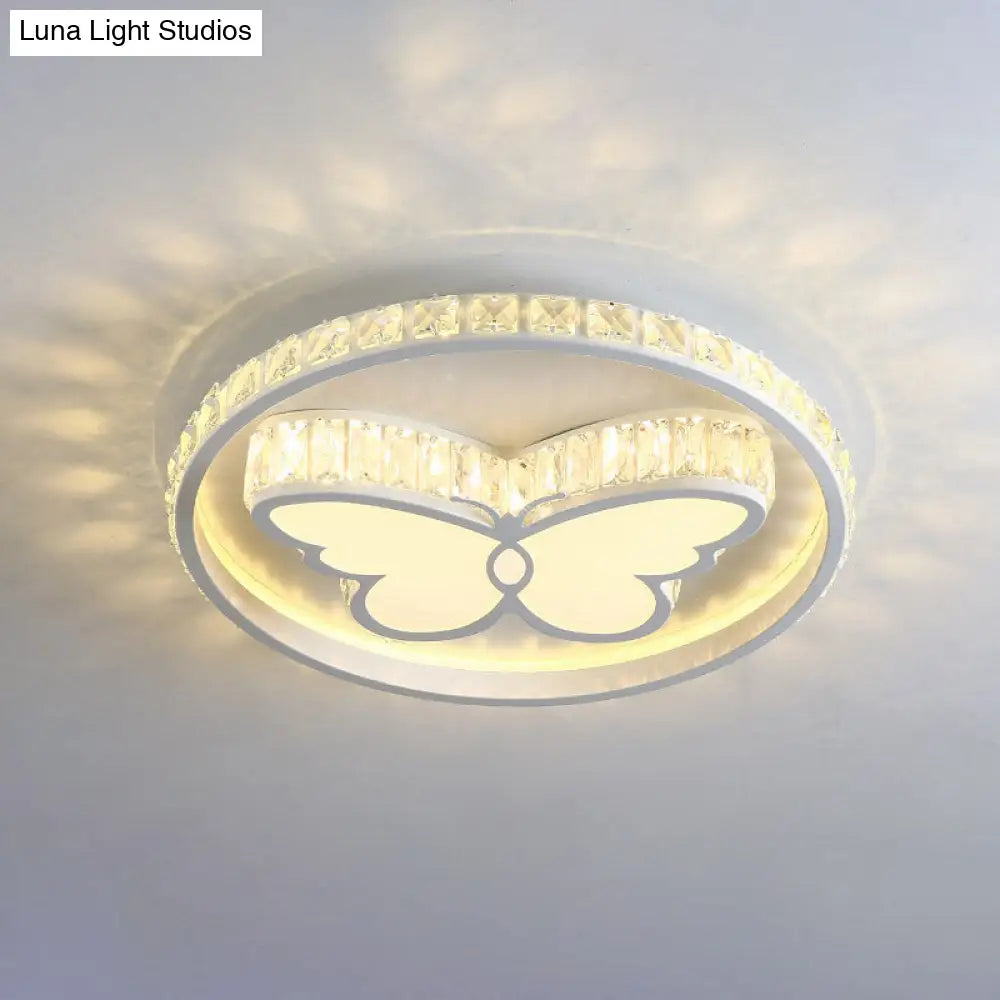 Simple Crystal Butterfly Led Ceiling Lamp For Bedroom - White Flush Mount Lighting