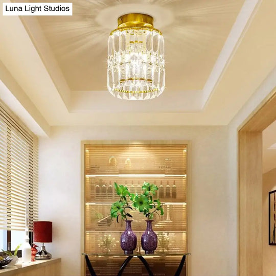 Simple Crystal Cylinder Ceiling Light With Brass Finish - Semi - Mount Kitchen Lighting