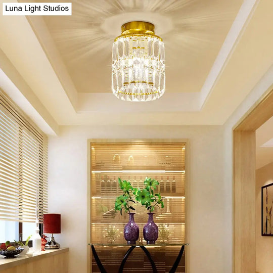 Simple Crystal Cylinder Ceiling Light With Brass Finish - Semi - Mount Kitchen Lighting