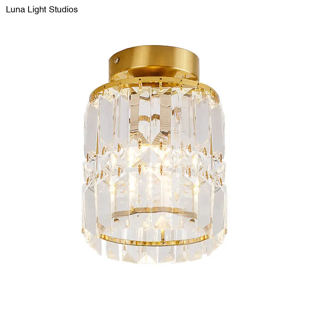 Simple Crystal Cylinder Ceiling Light With Brass Finish - Semi-Mount Kitchen Lighting Clear