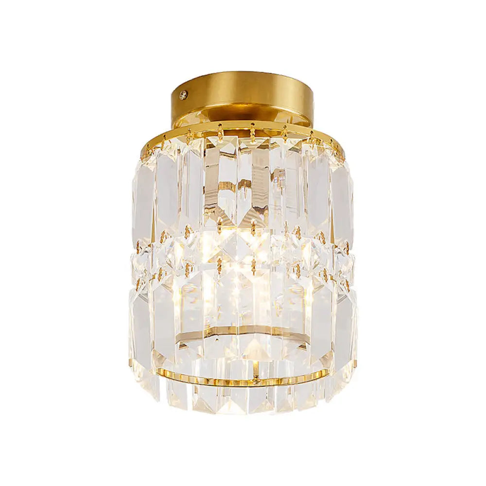 Simple Crystal Cylinder Ceiling Light With Brass Finish - Semi - Mount Kitchen Lighting Clear