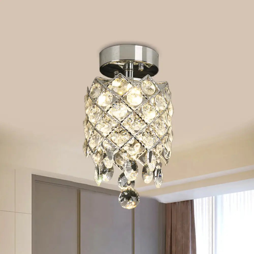 Simple Crystal Pineapple Flushmount Ceiling Lamp: Small Corridor 1 - Light Chrome Finish With