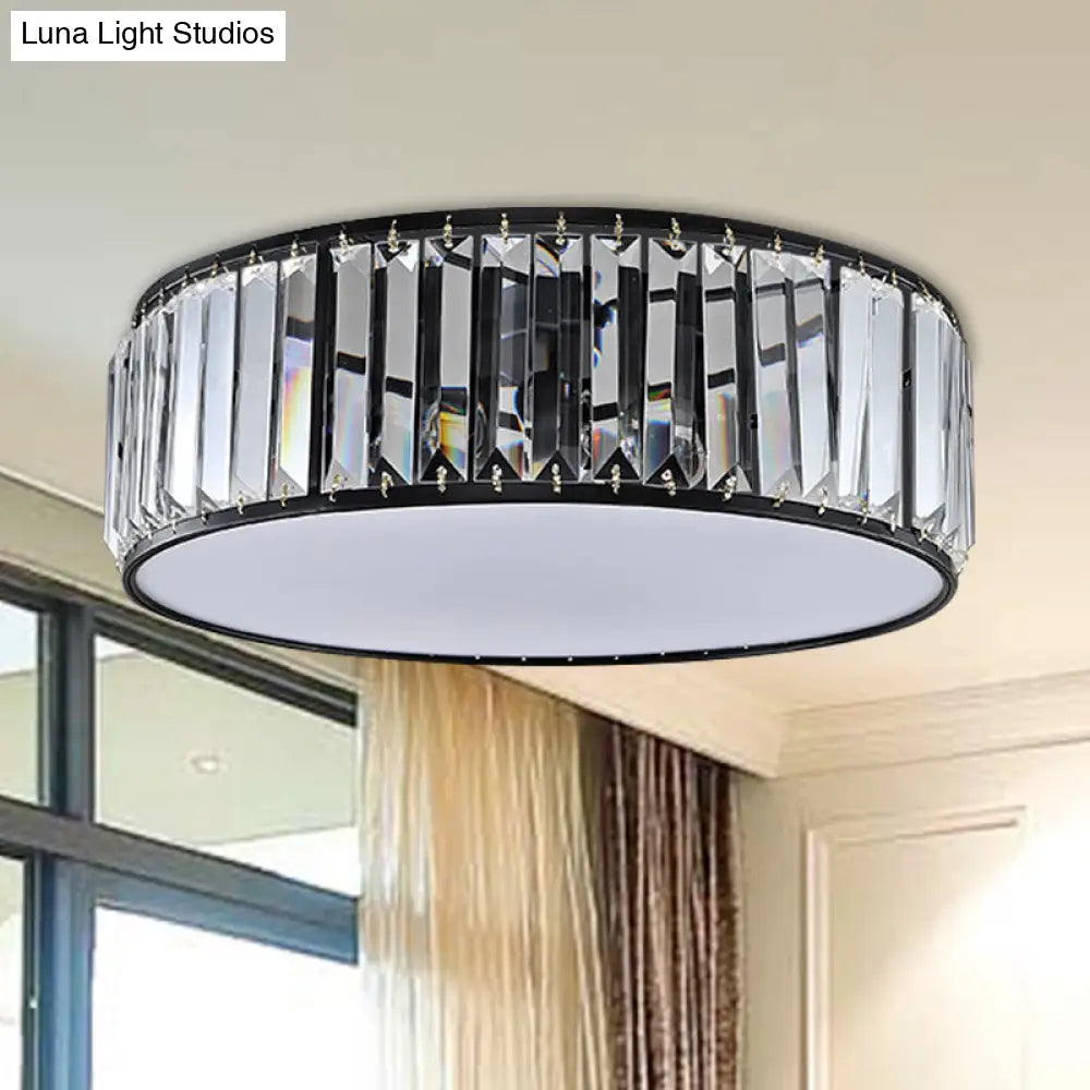 Simple Crystal-Shaded Drum Flush Mount Lamp - Black/Bronze 3/4/5-Light Fixture For Bedrooms Ceiling