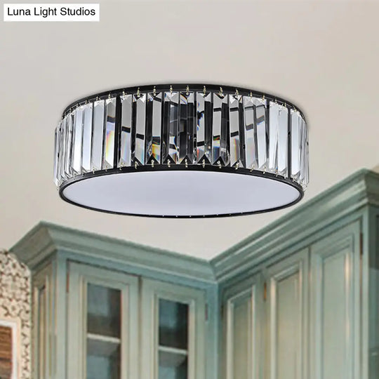 Simple Crystal-Shaded Drum Flush Mount Lamp - Black/Bronze 3/4/5-Light Fixture For Bedrooms Ceiling