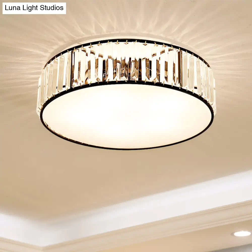 Simple Crystal-Shaded Drum Flush Mount Lamp - Black/Bronze 3/4/5-Light Fixture For Bedrooms Ceiling