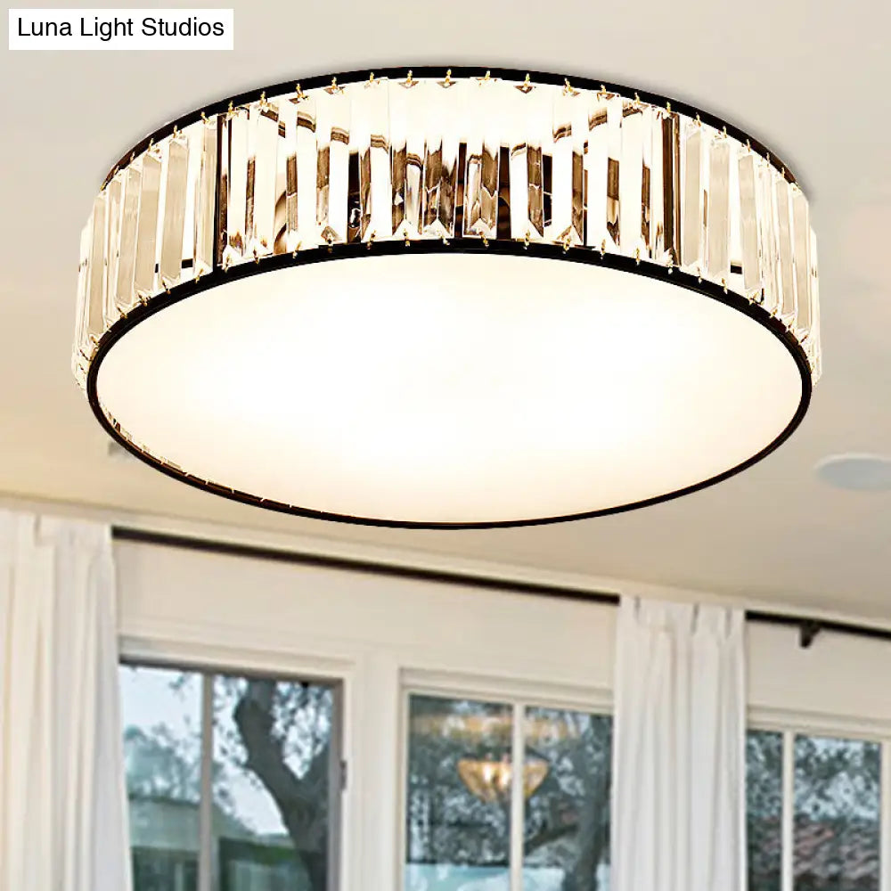 Simple Crystal-Shaded Drum Flush Mount Lamp - Black/Bronze 3/4/5-Light Fixture For Bedrooms Ceiling