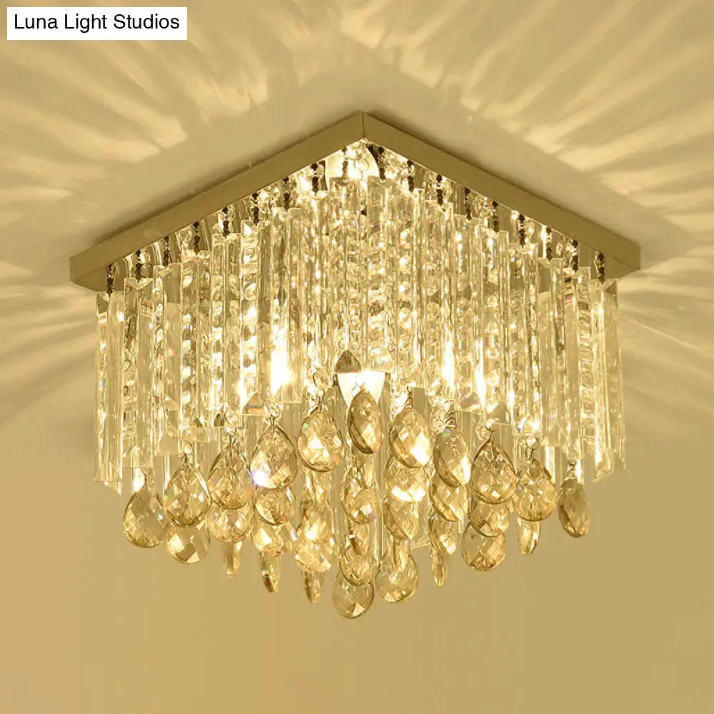 Simple Cubic Flush Mount Ceiling Lamp With Clear Crystals - Bedroom Lighting Fixture