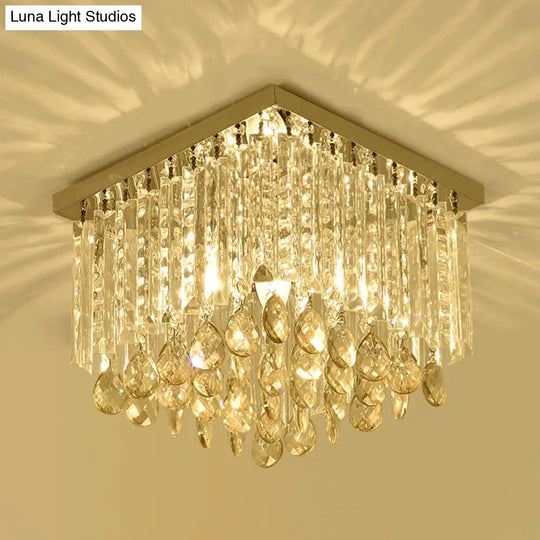 Simple Cubic Flush Mount Ceiling Lamp With Clear Crystals - Bedroom Lighting Fixture