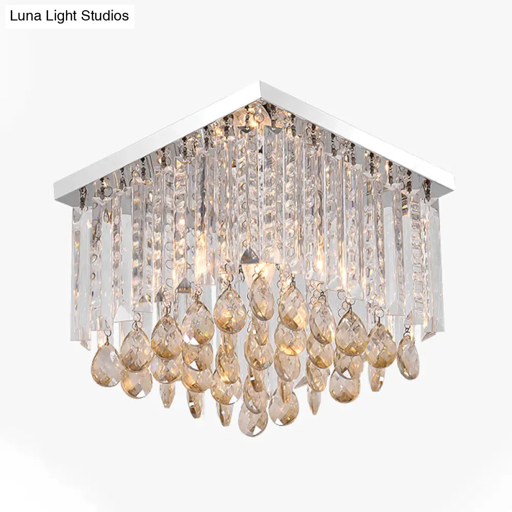 Simple Cubic Flush Mount Ceiling Lamp With Clear Crystals - Bedroom Lighting Fixture