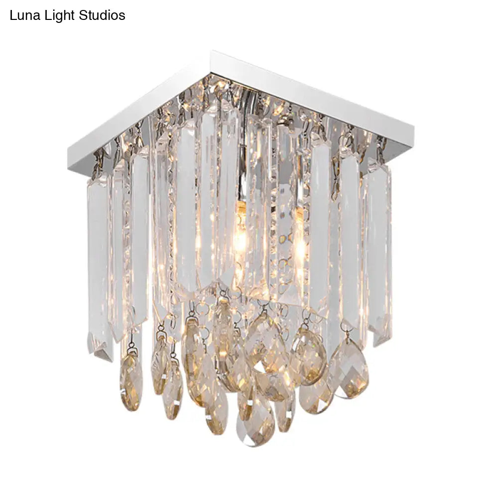 Simple Cubic Flush Mount Ceiling Lamp With Clear Crystals - Bedroom Lighting Fixture