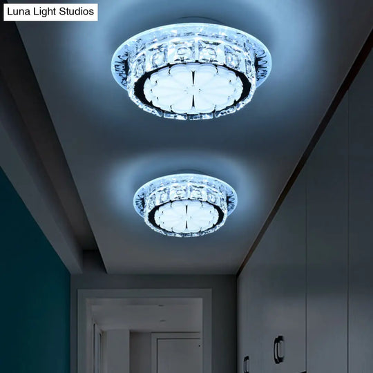 Simple Drum Clear Crystal Flush Mount Lighting With 5 Lights White Acrylic Shade For Corridor