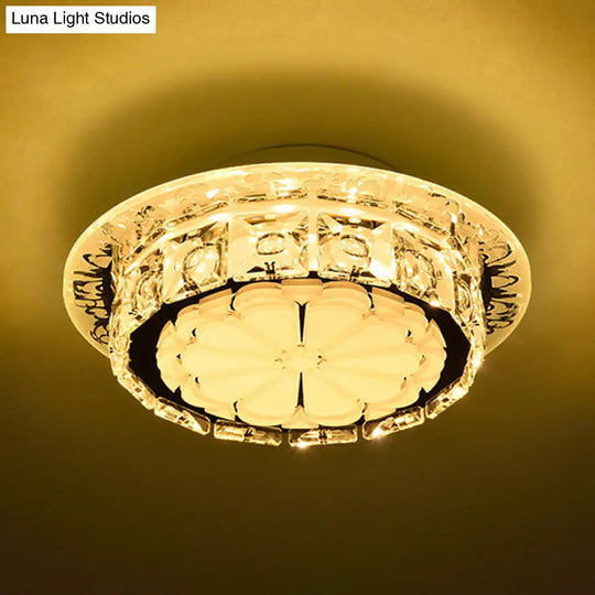 Simple Drum Clear Crystal Flush Mount Lighting With 5 Lights White Acrylic Shade For Corridor