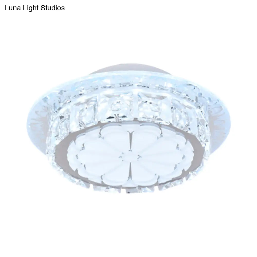 Simple Drum Clear Crystal Flush Mount Lighting With 5 Lights – White Acrylic Shade For Corridor