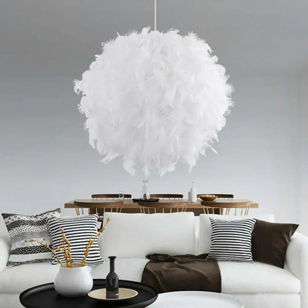 Simple Feather Hanging Light Fixture For Bedroom - White Globe Pendulum With 1 Head / 16’