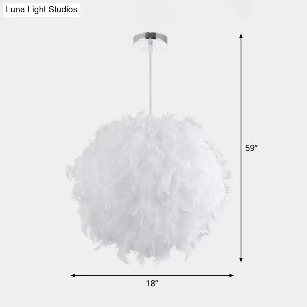 Simple Feather Hanging Light Fixture For Bedroom - White Globe Pendulum With 1 Head