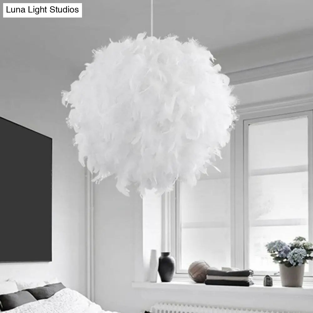 Simple Feather Hanging Light Fixture For Bedroom - White Globe Pendulum With 1 Head