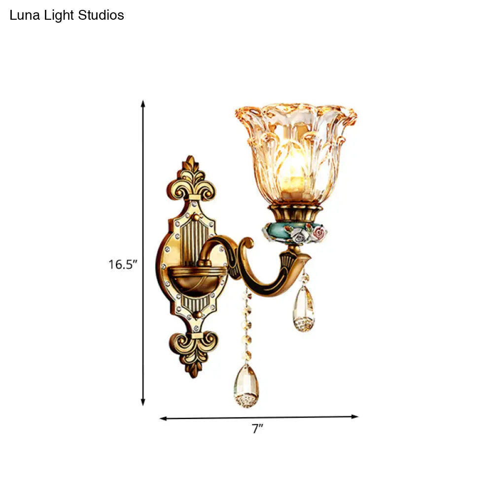 Simple Floral Crystal Prism Brass Sconce Light Fixture - 1-Head Wall Lighting Idea