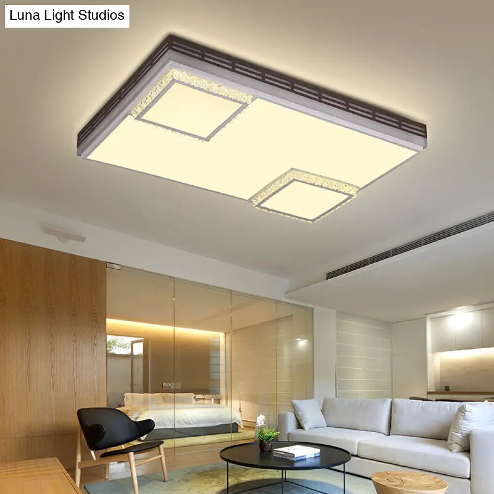 Simple Flush Mount Led Acrylic Ceiling Light With Crystal Accent - White Square/Rectangle 24.5/36