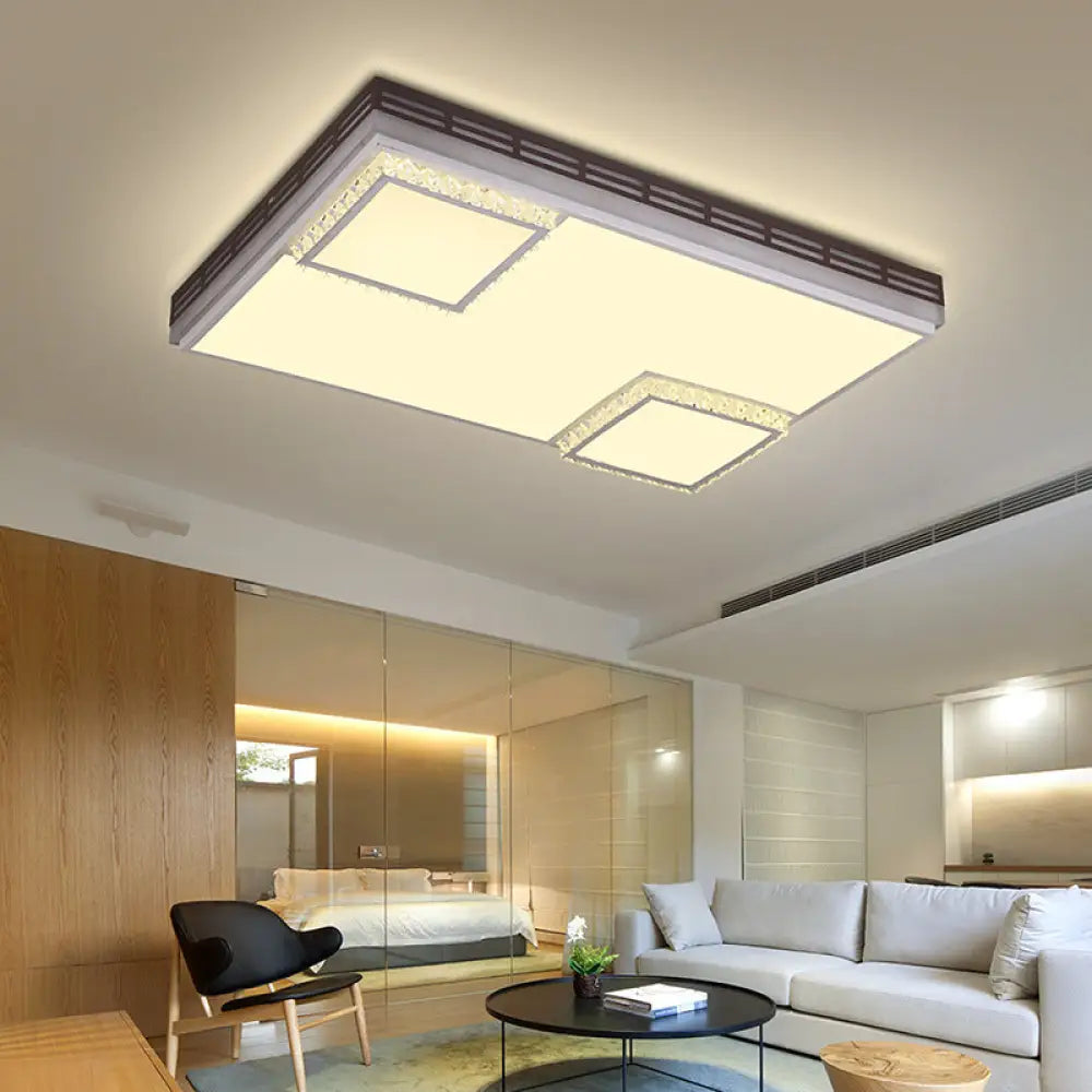 Simple Flush Mount Led Acrylic Ceiling Light With Crystal Accent - White Square/Rectangle