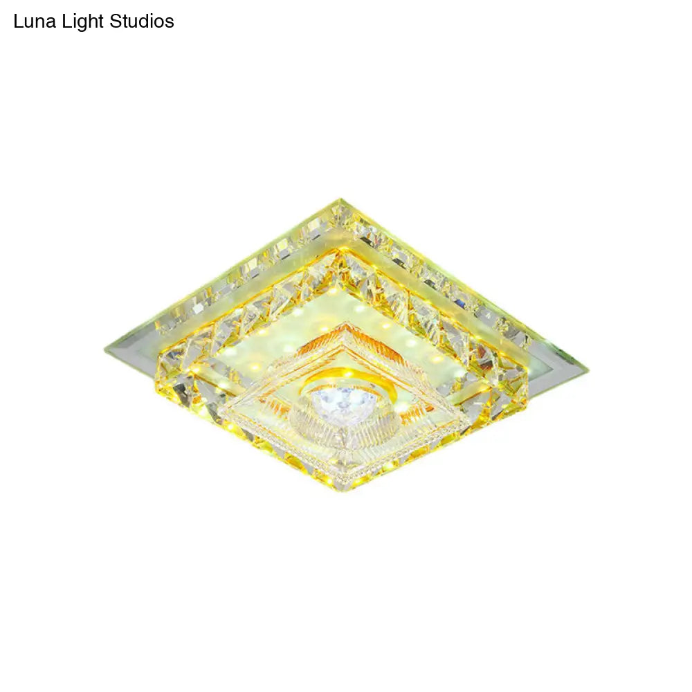 Simple Flushmount Led Ceiling Light With Clear Crystal Square Design And Ribbed Glass Shade In