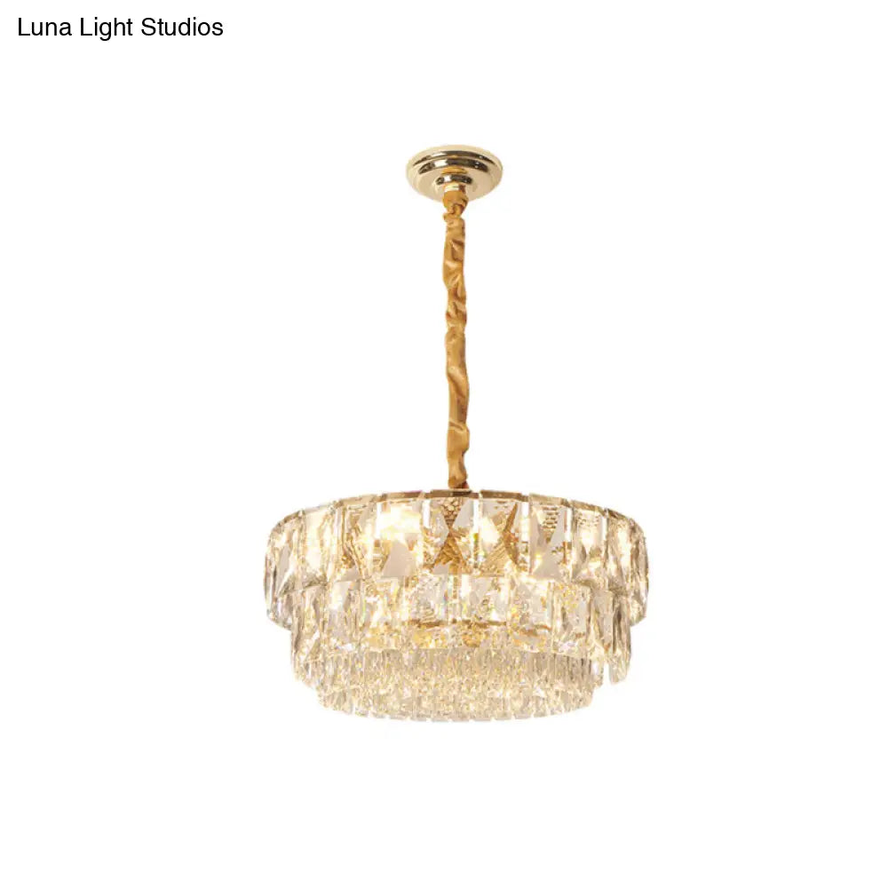 Simple Gold 10-Light Drum Chandelier With K9 Crystal - Ceiling Suspension Lamp