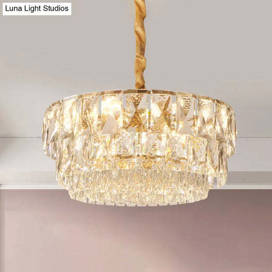 Simple Gold 10-Light Drum Chandelier With K9 Crystal - Ceiling Suspension Lamp