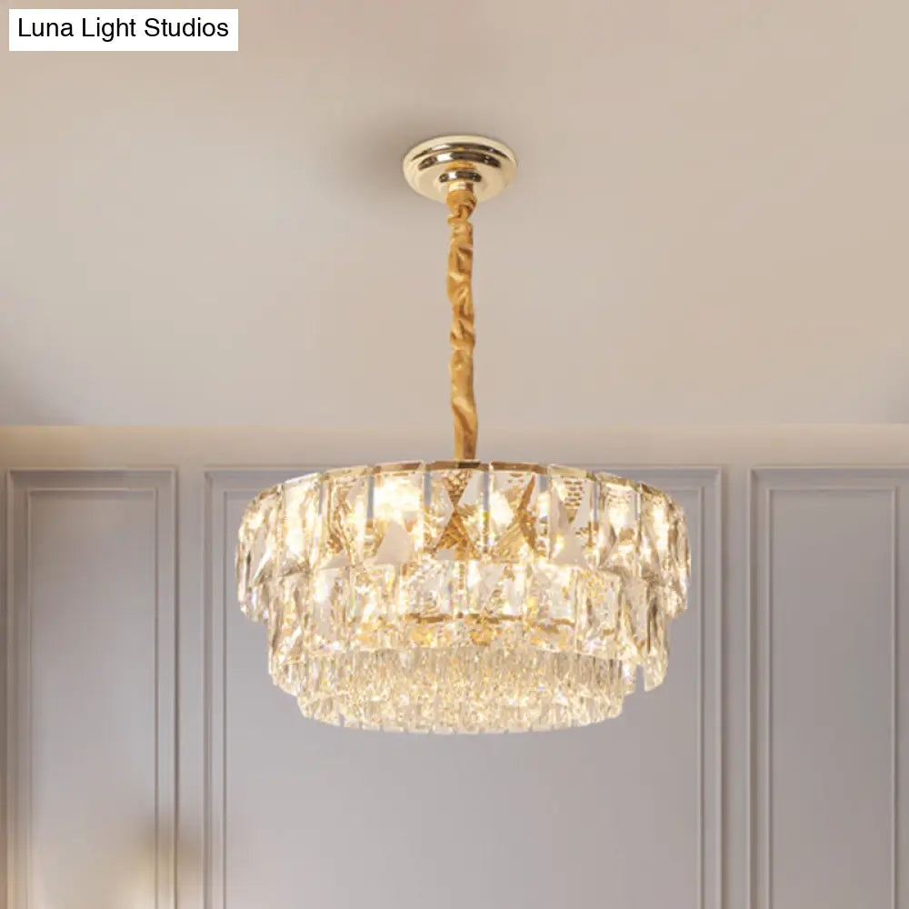 Simple Gold 10-Light Drum Chandelier With K9 Crystal - Ceiling Suspension Lamp