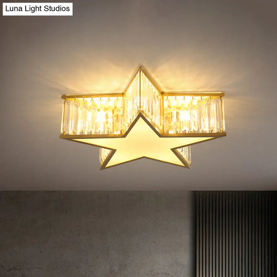 Simple Gold Flush Mount Ceiling Light Fixture With Star Crystal Shade - Ideal For Bedrooms 5 Lights