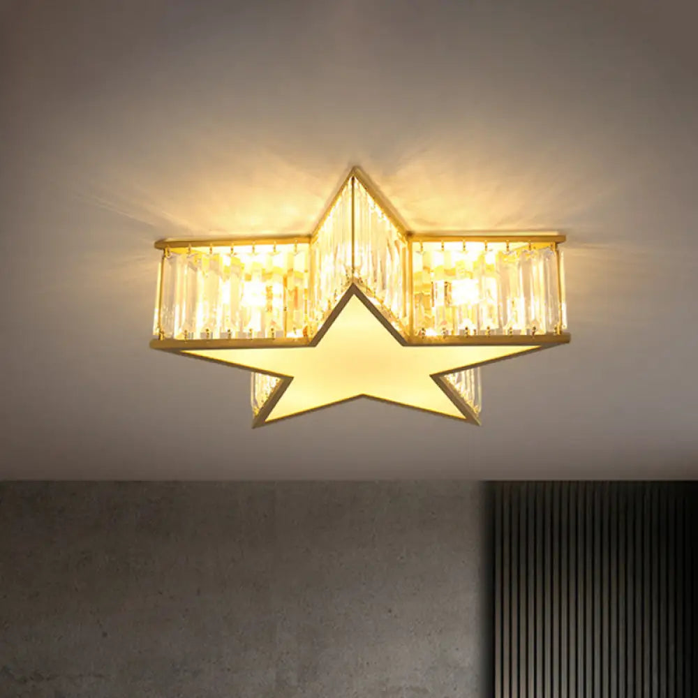 Simple Gold Flush Mount Ceiling Light Fixture With Star Crystal Shade - Ideal For Bedrooms 5 Lights