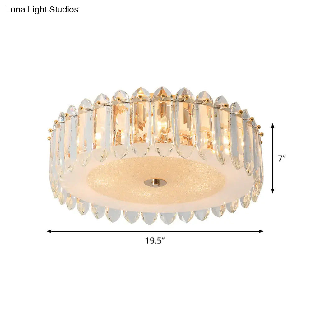 Simple Gold Flushmount Lighting - Drum Crystal Fixture With 6 Bulbs For Bedroom
